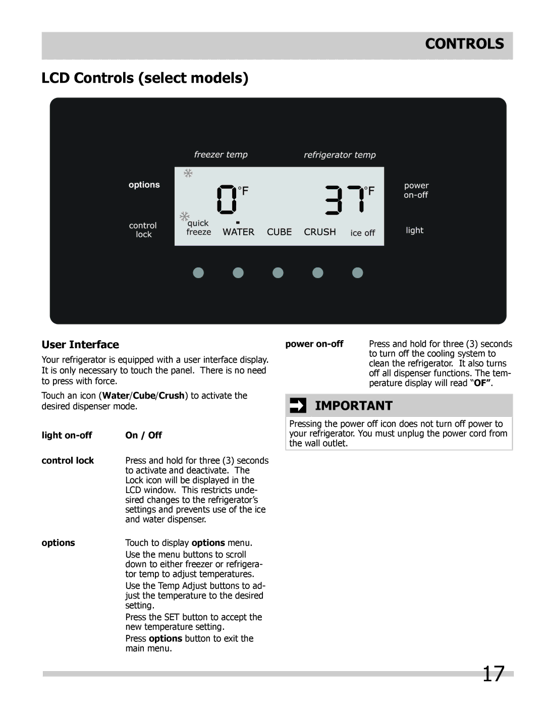 Frigidaire FPHB2899LFB manual LCD Controls select models, User Interface, Light on-off On / Off Control lock, Options 