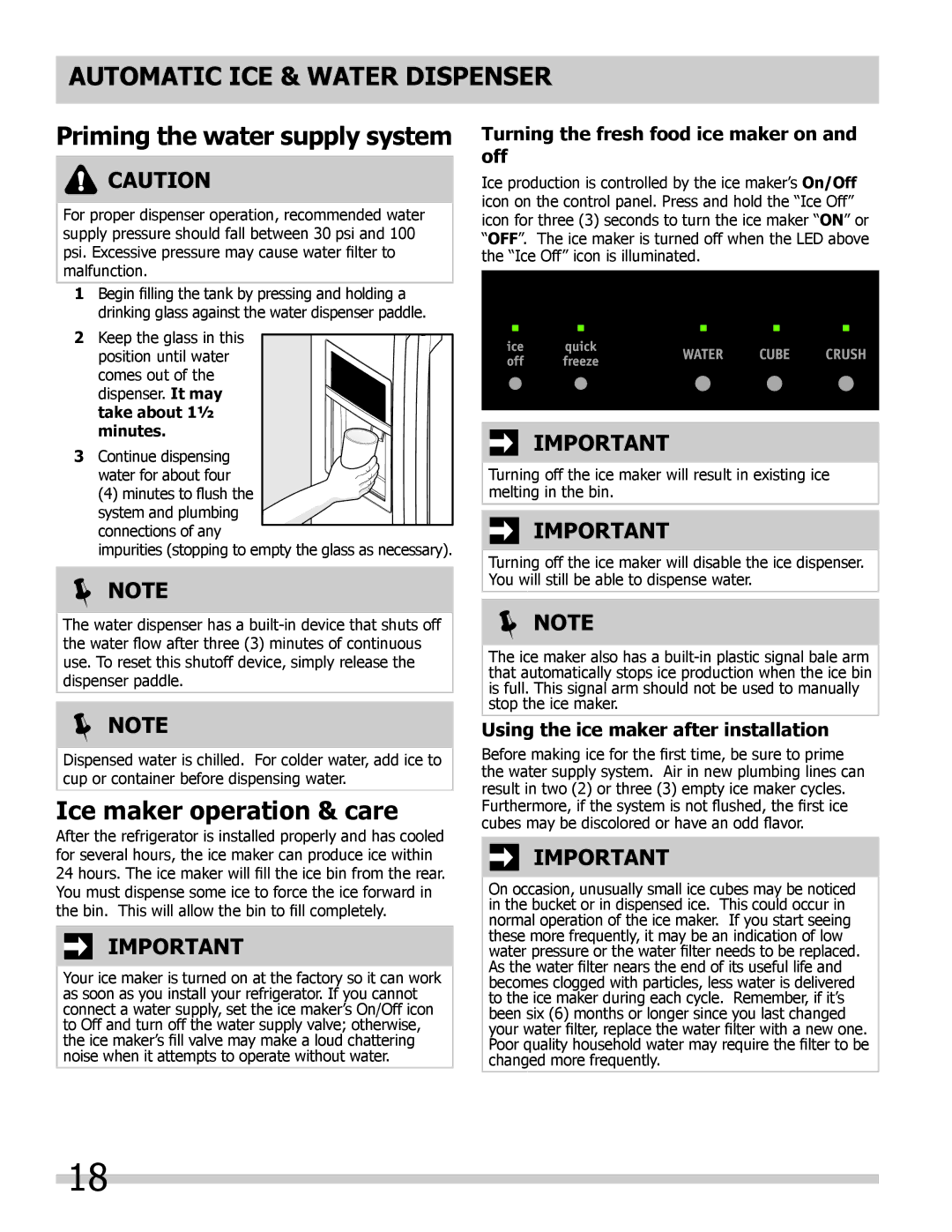 Frigidaire FPHB2899LFB manual Automatic ICE & Water Dispenser, Priming the water supply system, Ice maker operation & care 