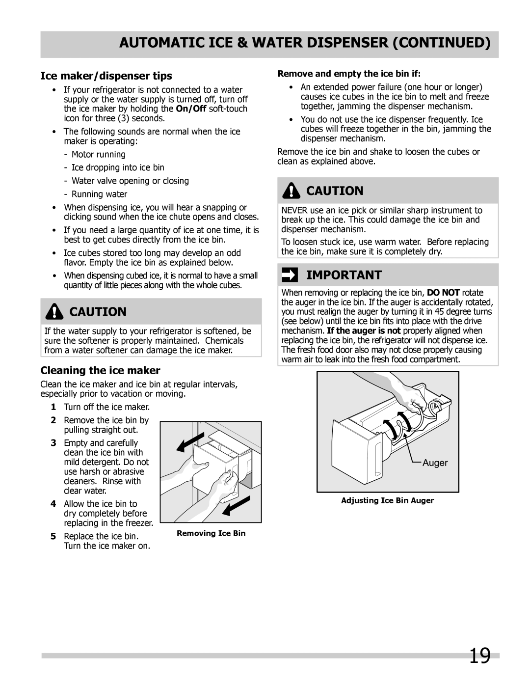 Frigidaire FPHB2899LFB manual Ice maker/dispenser tips, Cleaning the ice maker, Remove and empty the ice bin if 