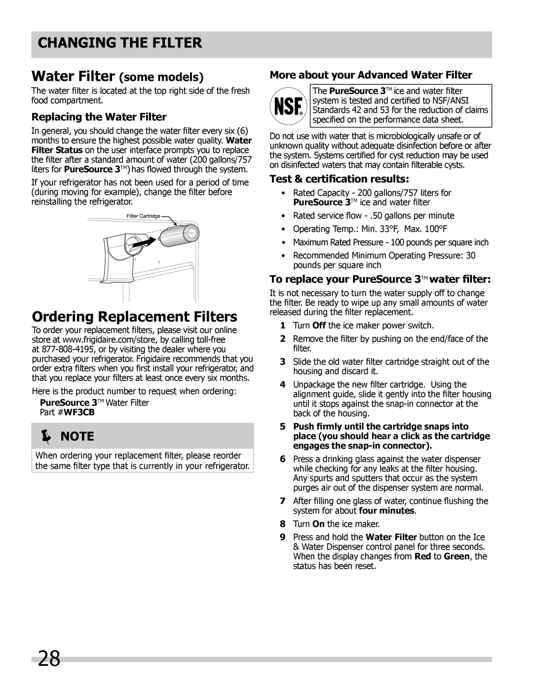 Frigidaire FPHB2899LFB Water Filter some models, Ordering Replacement Filters, To replace your PureSource 3TM water filter 