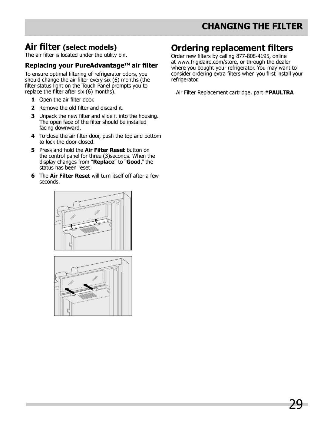 Frigidaire FPHB2899LFB manual Air filter select models, Replacing your PureAdvantageTM air filter 