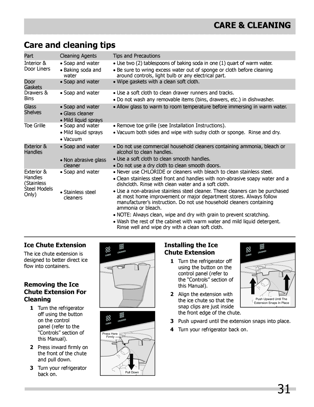 Frigidaire FPHB2899LFB manual Care and cleaning tips, Removing the Ice Chute Extension For Cleaning 