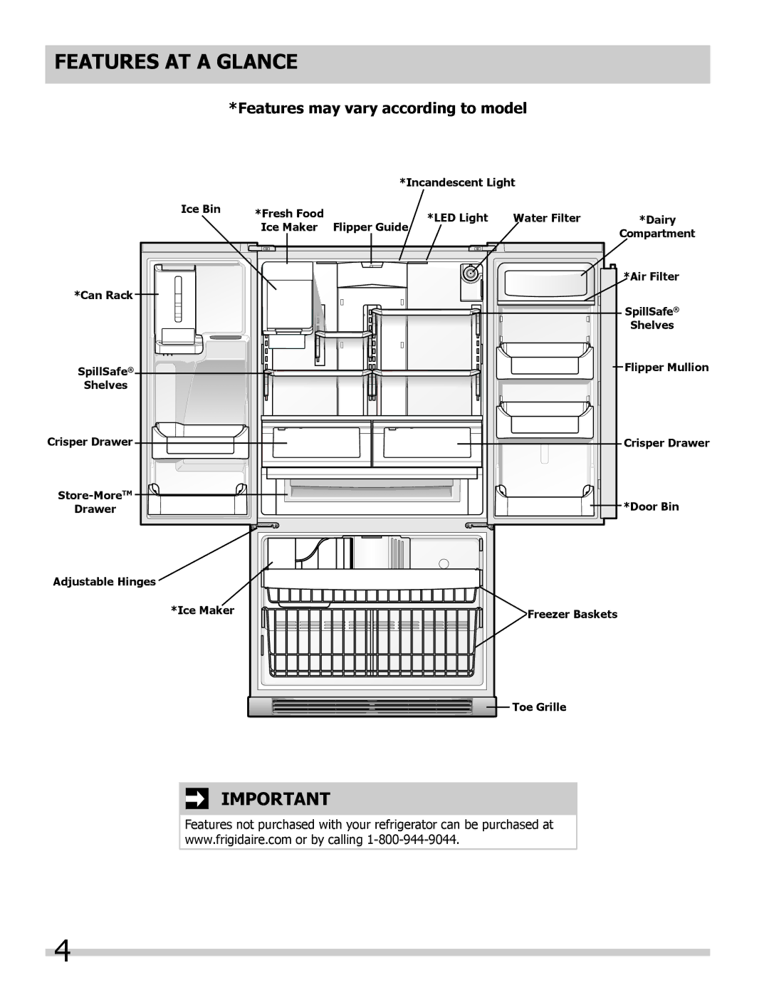 Frigidaire FPHB2899LFB manual Features AT a Glance, Features may vary according to model 