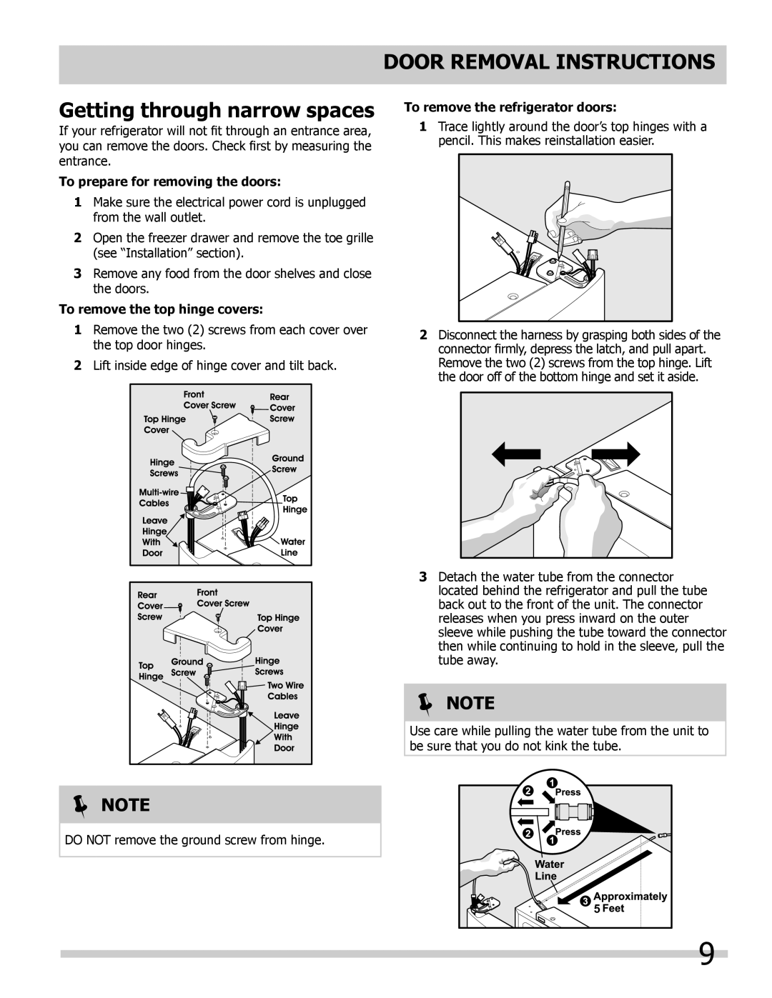 Frigidaire FPHB2899LFB manual Door Removal Instructions, Getting through narrow spaces, To prepare for removing the doors 