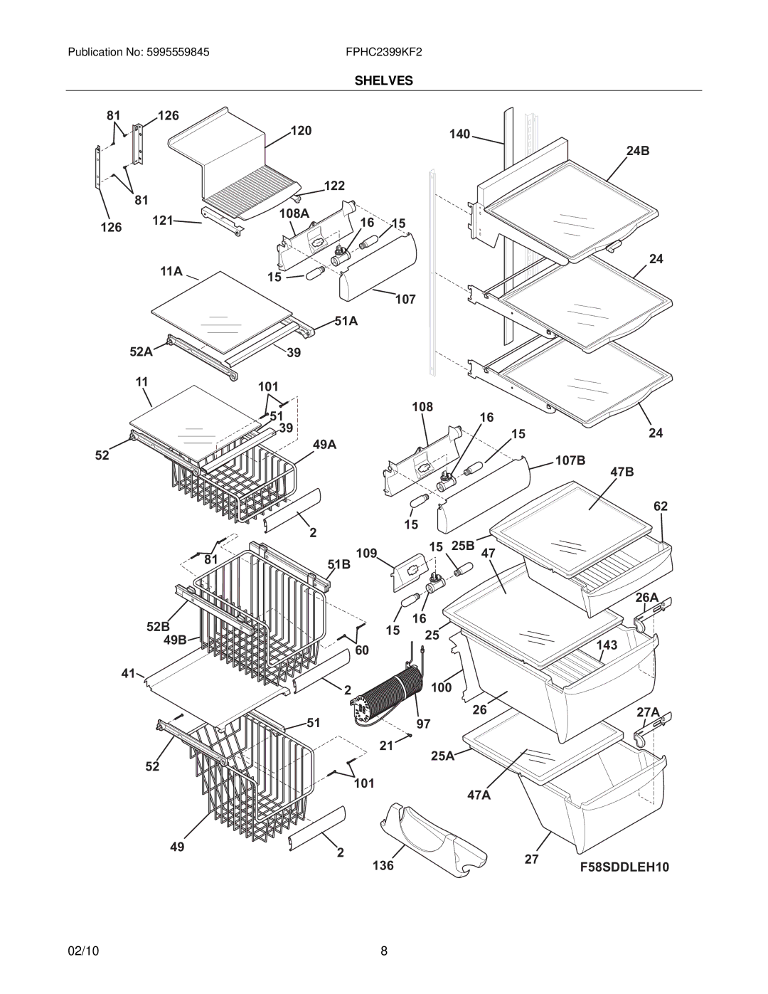 Frigidaire FPHC2339K manual 120 140 122 108A 24B 126 121 11A 107 51A 52A 