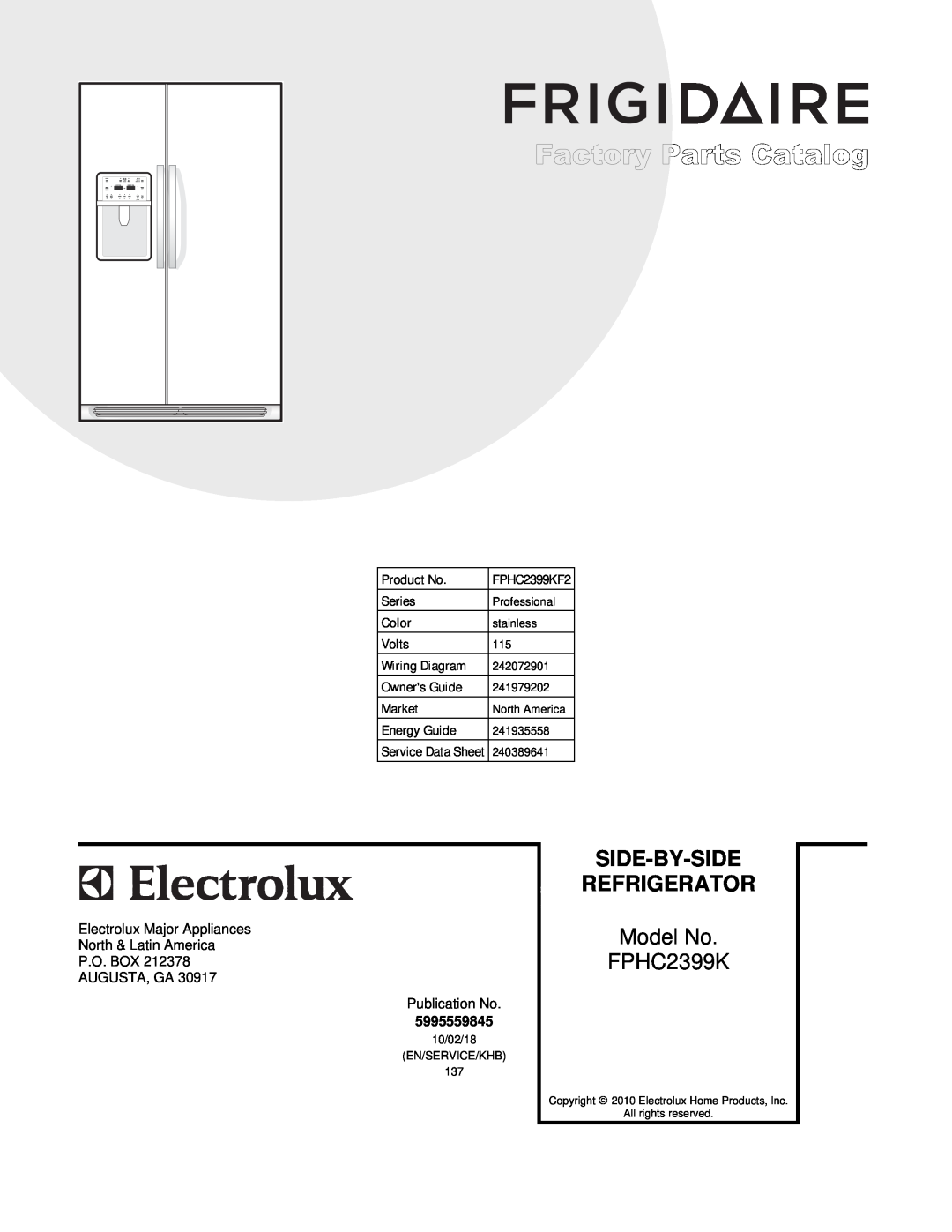 Frigidaire FPHC2339K manual Model No, Side-By-Side, Refrigerator, FPHC2399K 