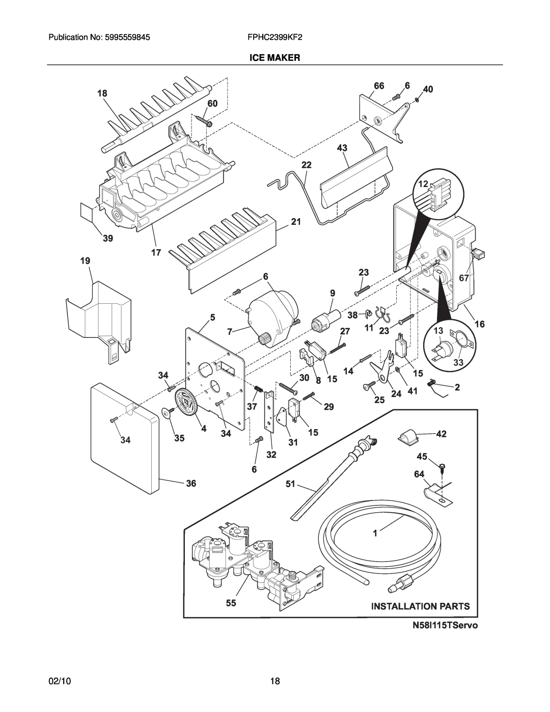Frigidaire FPHC2339K manual Installation Parts, Ice Maker, N58I115TServo, 02/10 