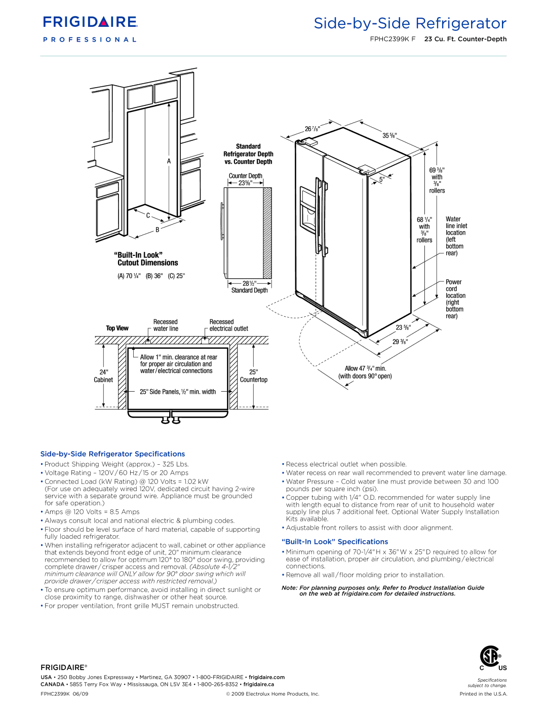 Frigidaire FPHC2399KF dimensions Side-by-Side Refrigerator Specifications, Built-In Look Specifications 