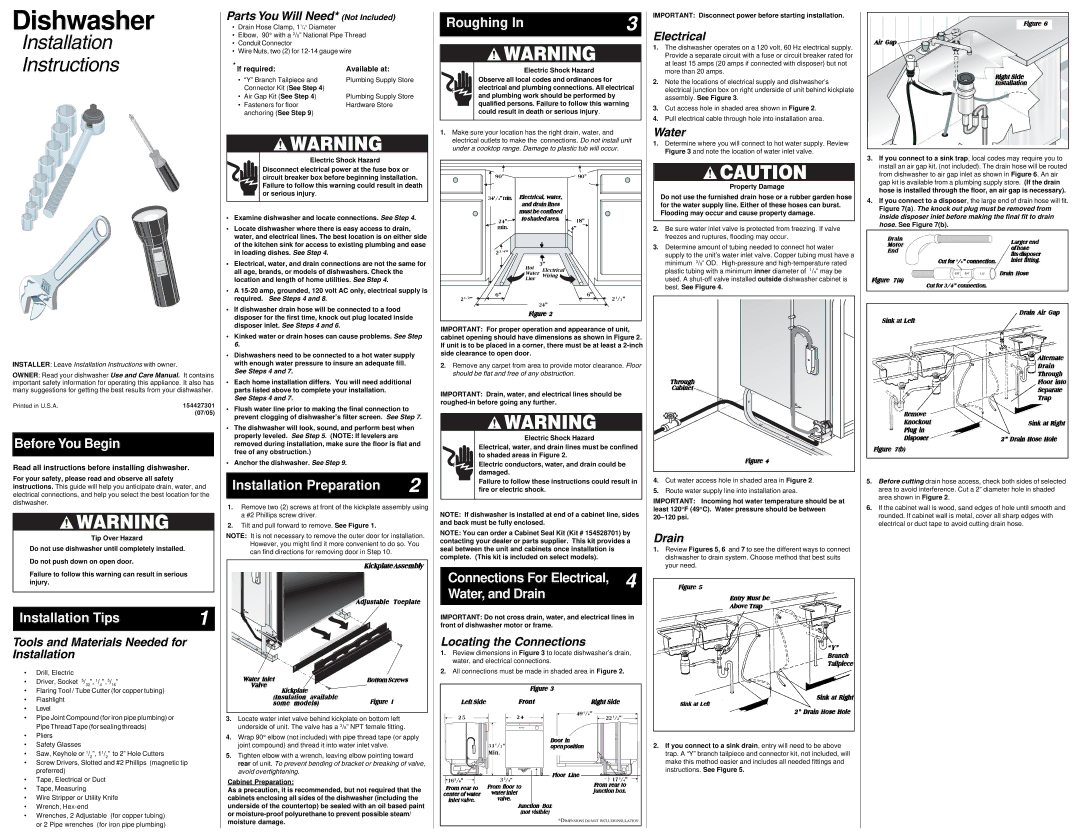 Frigidaire 154427301 installation instructions Before You Begin, Installation Tips, Installation Preparation, Roughing 