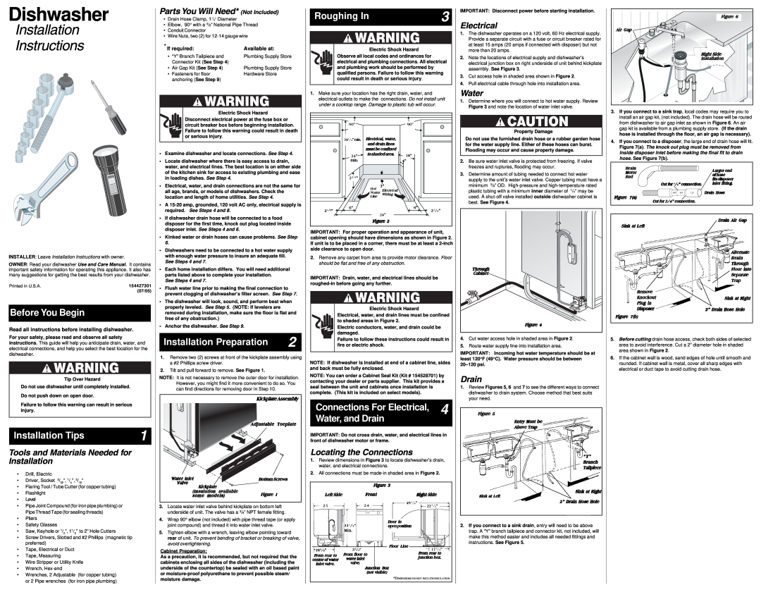 Frigidaire 154427301 installation instructions Dishwasher, Installation Instructions, Connections For Electrical 