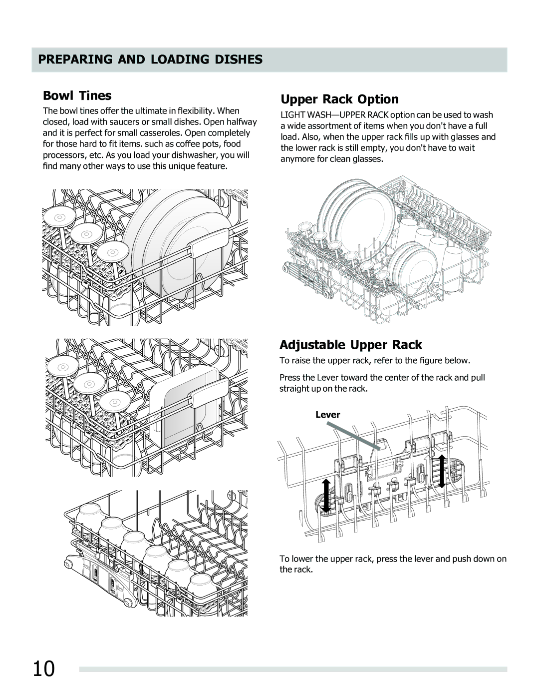 Frigidaire FGHD2465NW, FPHD2485NF, FGHD2465NB, FGHD2465NF manual Bowl Tines, Upper Rack Option, Adjustable Upper Rack 