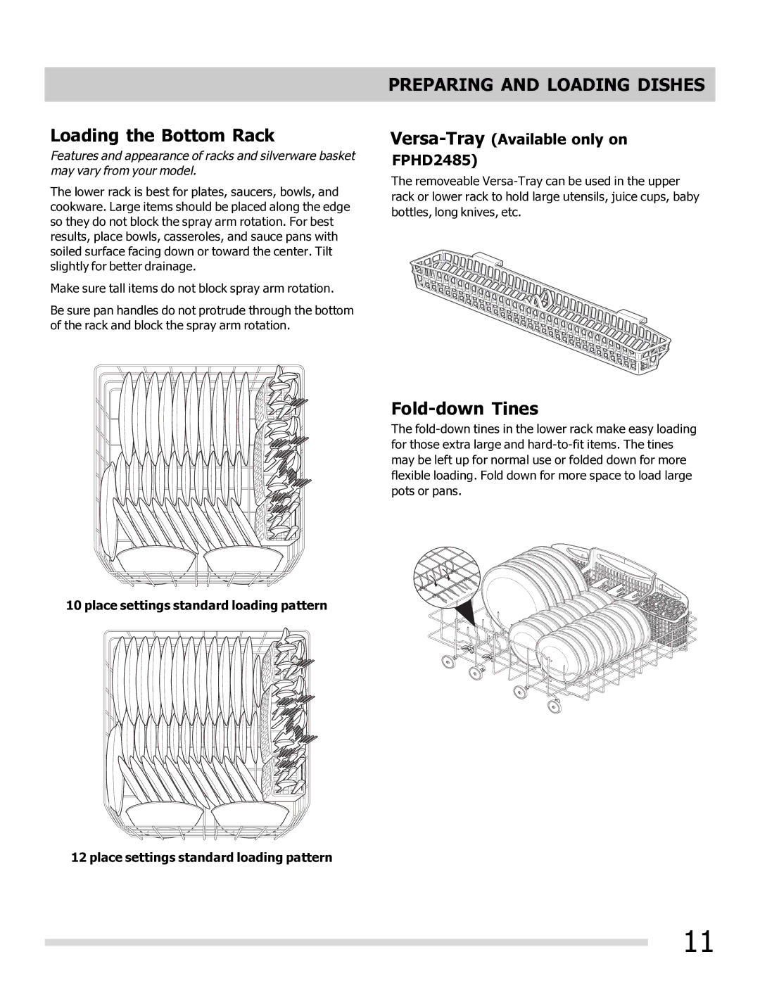 Frigidaire FGHD2465NF, FPHD2485NF, FGHD2465NB, FGHD2465NW manual Loading the Bottom Rack, Fold-down Tines 