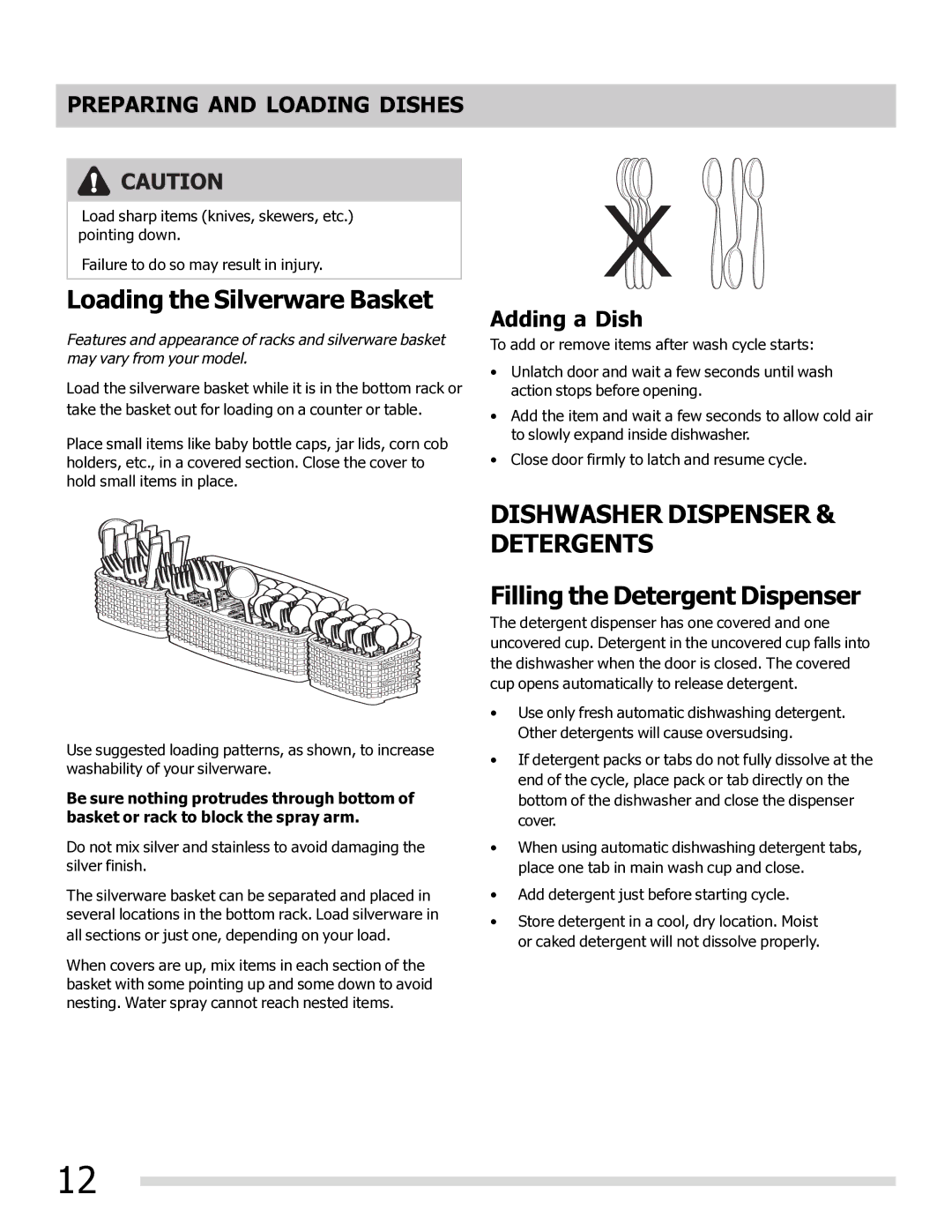 Frigidaire FPHD2485NF, FGHD2465NB, FGHD2465NW, FGHD2465NF manual Loading the Silverware Basket, Adding a Dish 