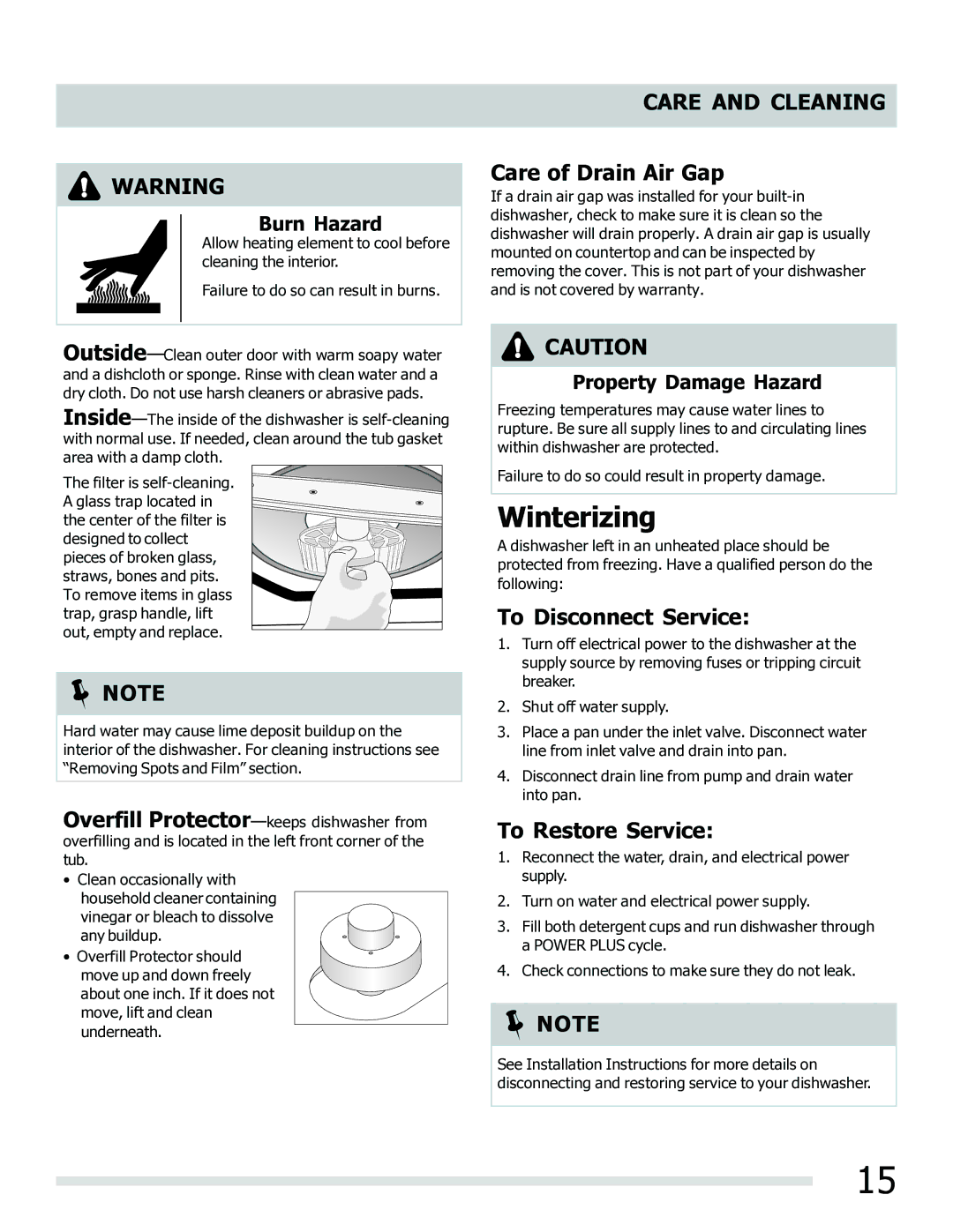 Frigidaire FGHD2465NF Winterizing, Care and Cleaning, Care of Drain Air Gap, To Disconnect Service, To Restore Service 