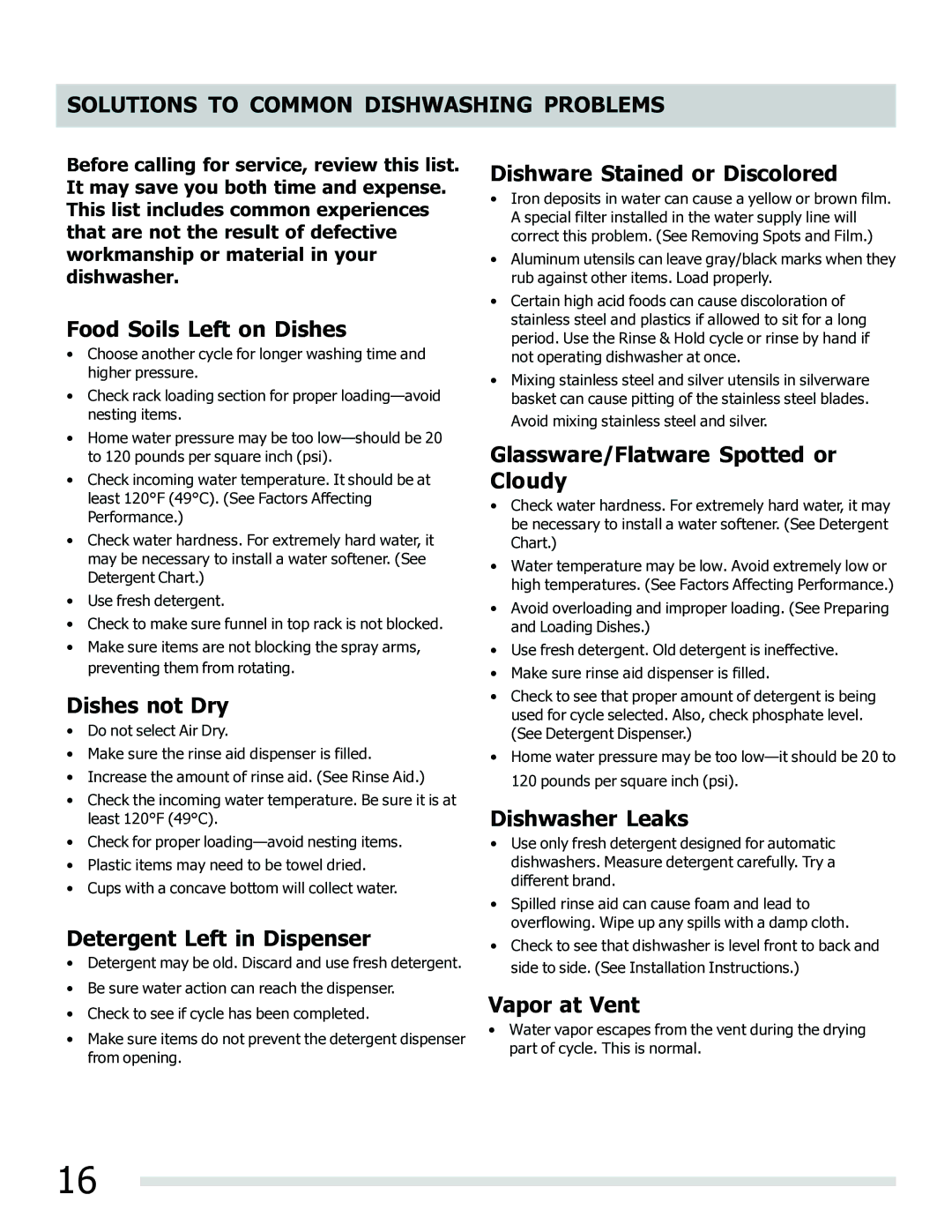 Frigidaire FPHD2485NF, FGHD2465NB, FGHD2465NW, FGHD2465NF manual Solutions to Common Dishwashing Problems 