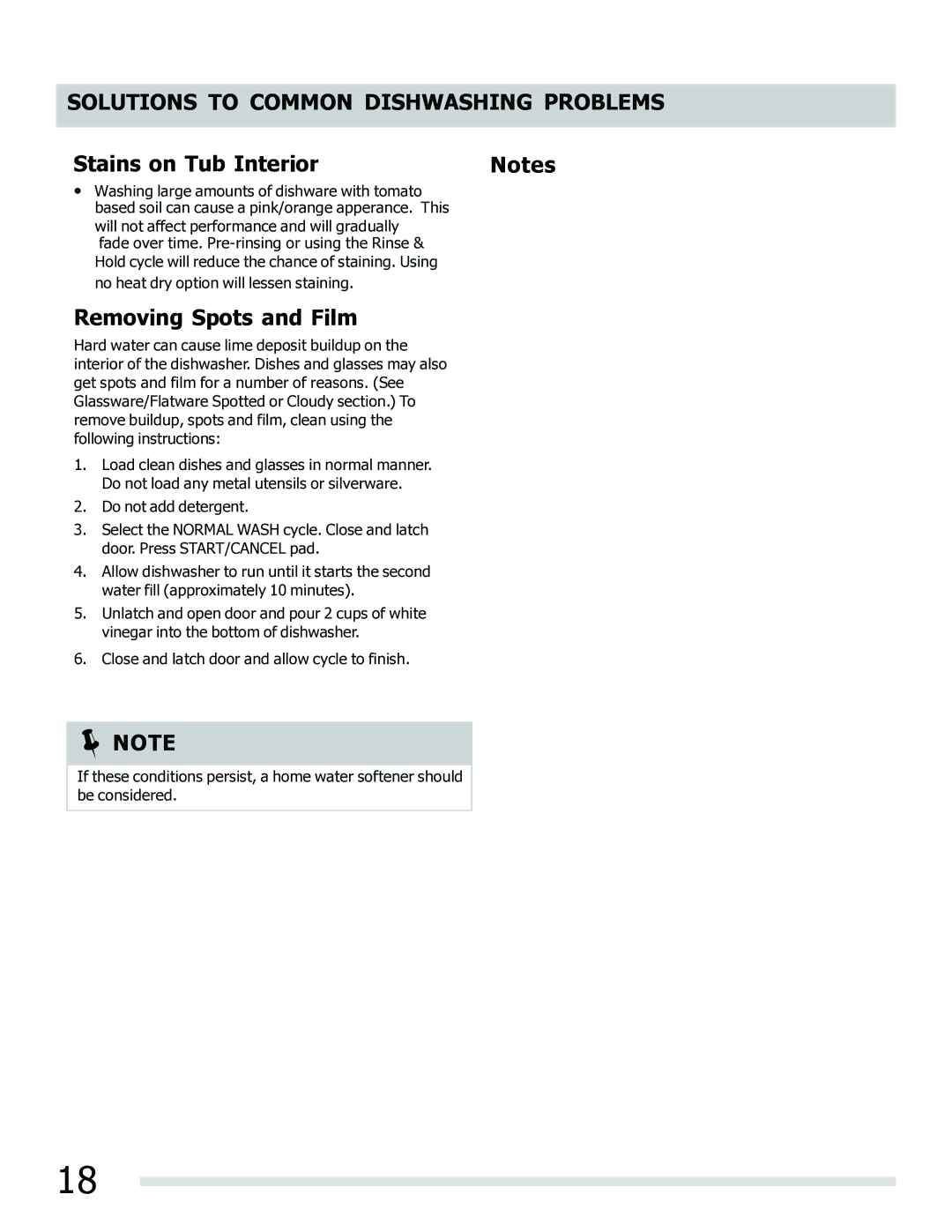 Frigidaire FGHD2465NW, FPHD2485NF, FGHD2465NB, FGHD2465NF manual Stains on Tub Interior, Removing Spots and Film 