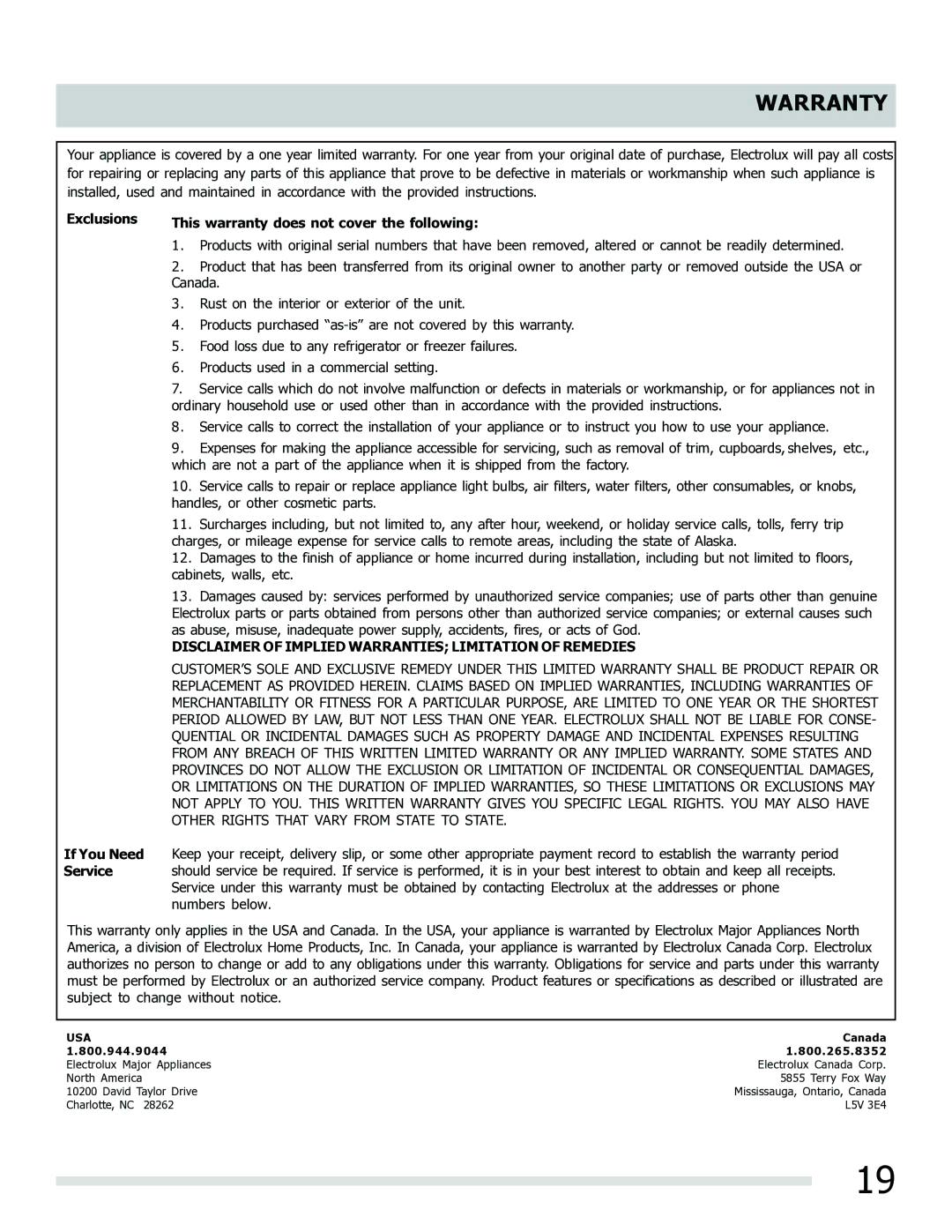 Frigidaire FGHD2465NF, FPHD2485NF, FGHD2465NB, FGHD2465NW Warranty, Disclaimer of Implied Warranties Limitation of Remedies 