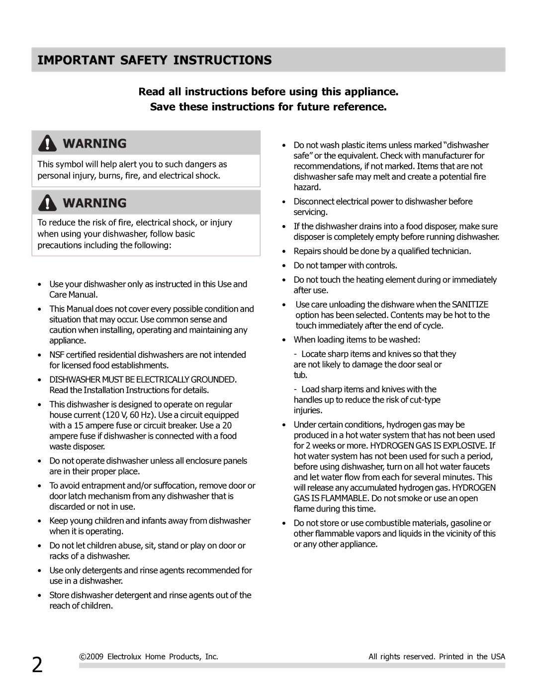 Frigidaire FGHD2465NW, FPHD2485NF, FGHD2465NB, FGHD2465NF manual Important Safety Instructions 