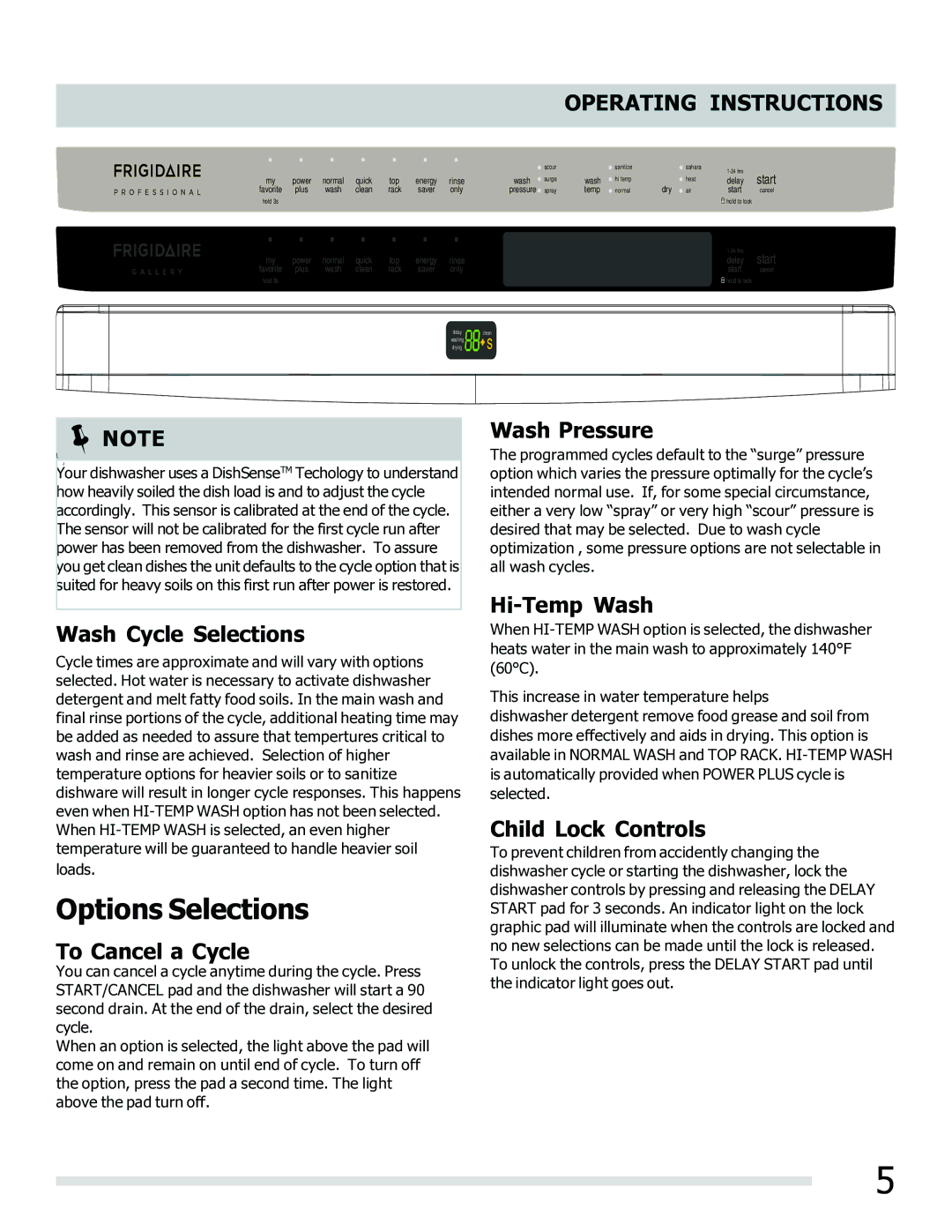 Frigidaire FGHD2465NB, FPHD2485NF, FGHD2465NW, FGHD2465NF manual Options Selections, Operating Instructions 