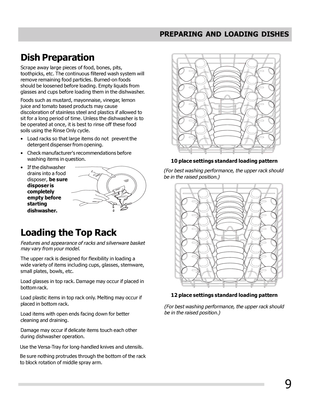 Frigidaire FGHD2465NB, FPHD2485NF, FGHD2465NW manual Dish Preparation, Loading the Top Rack, Preparing and Loading Dishes 