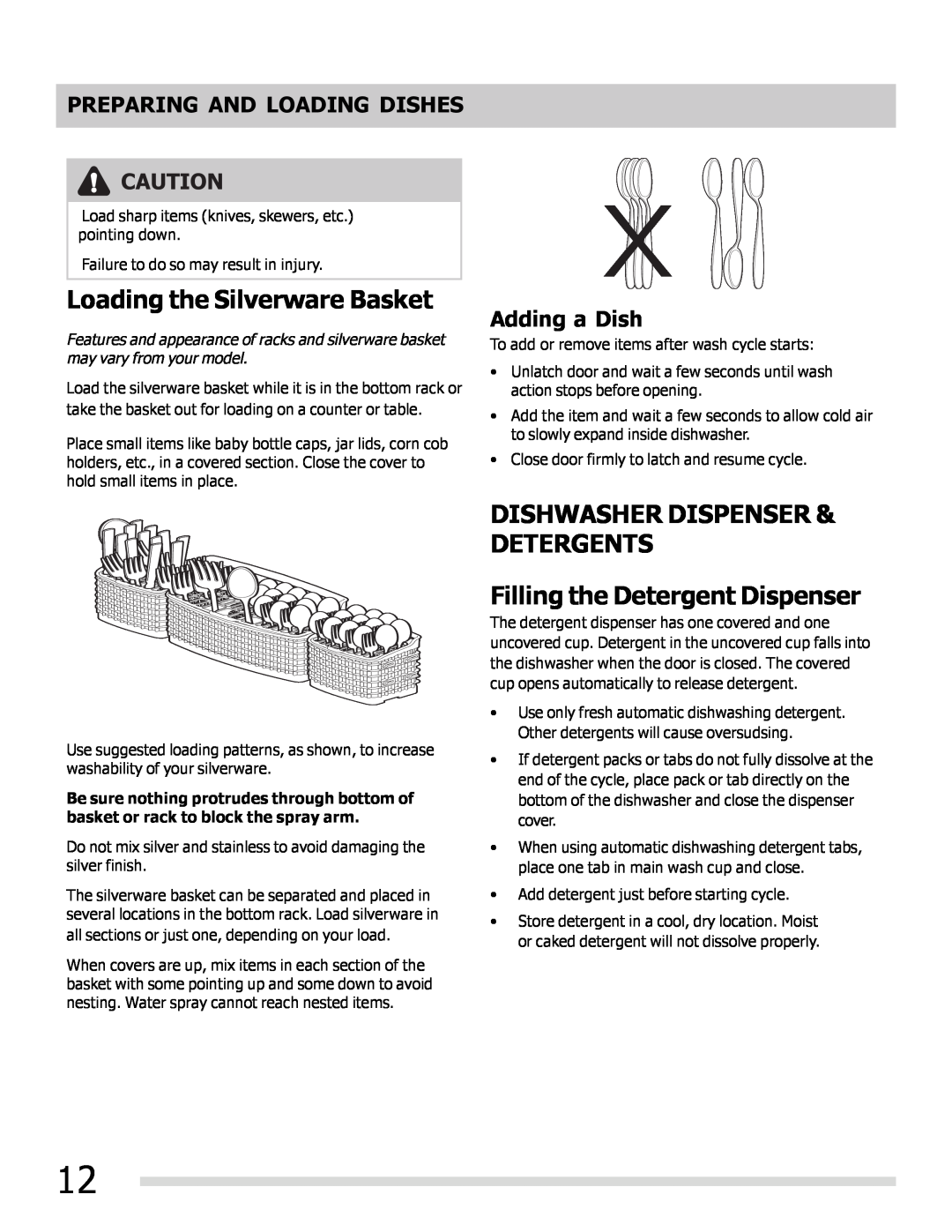 Frigidaire FPHD2485NF Loading the Silverware Basket, Dishwasher Dispenser & Detergents, Filling the Detergent Dispenser 