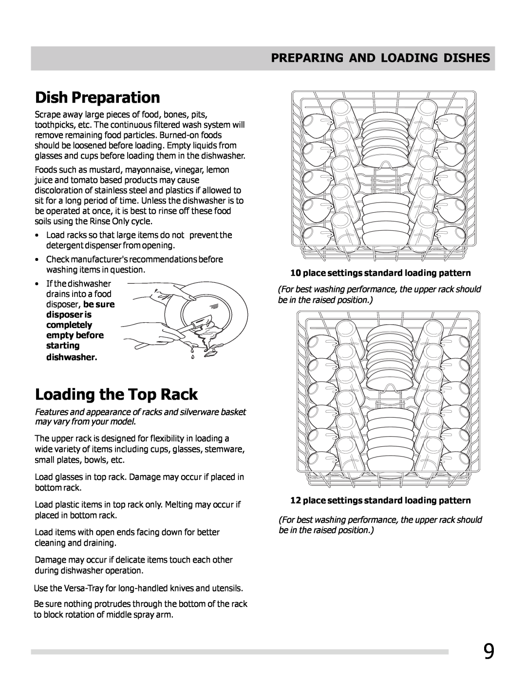 Frigidaire FGHD2465NB manual Dish Preparation, Loading the Top Rack, Preparing And Loading Dishes, starting dishwasher 