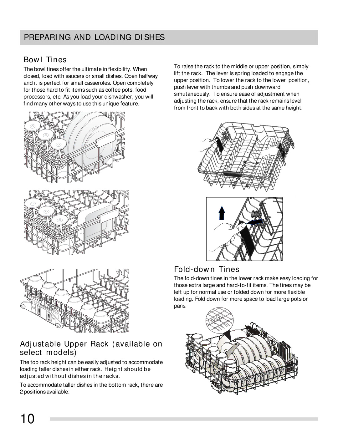 Frigidaire FPHD2491 Bowl Tines, Fold-down Tines, Adjustable Upper Rack available on select models 