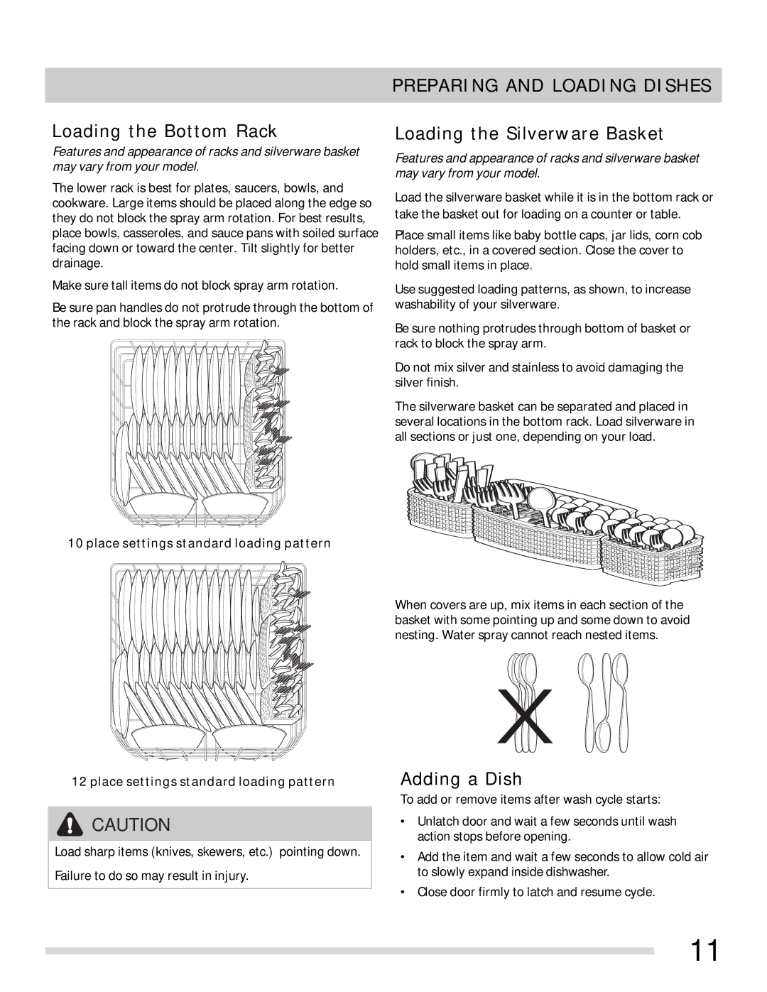 Frigidaire FPHD2491 important safety instructions Loading the Bottom Rack, Loading the Silverware Basket, Adding a Dish 