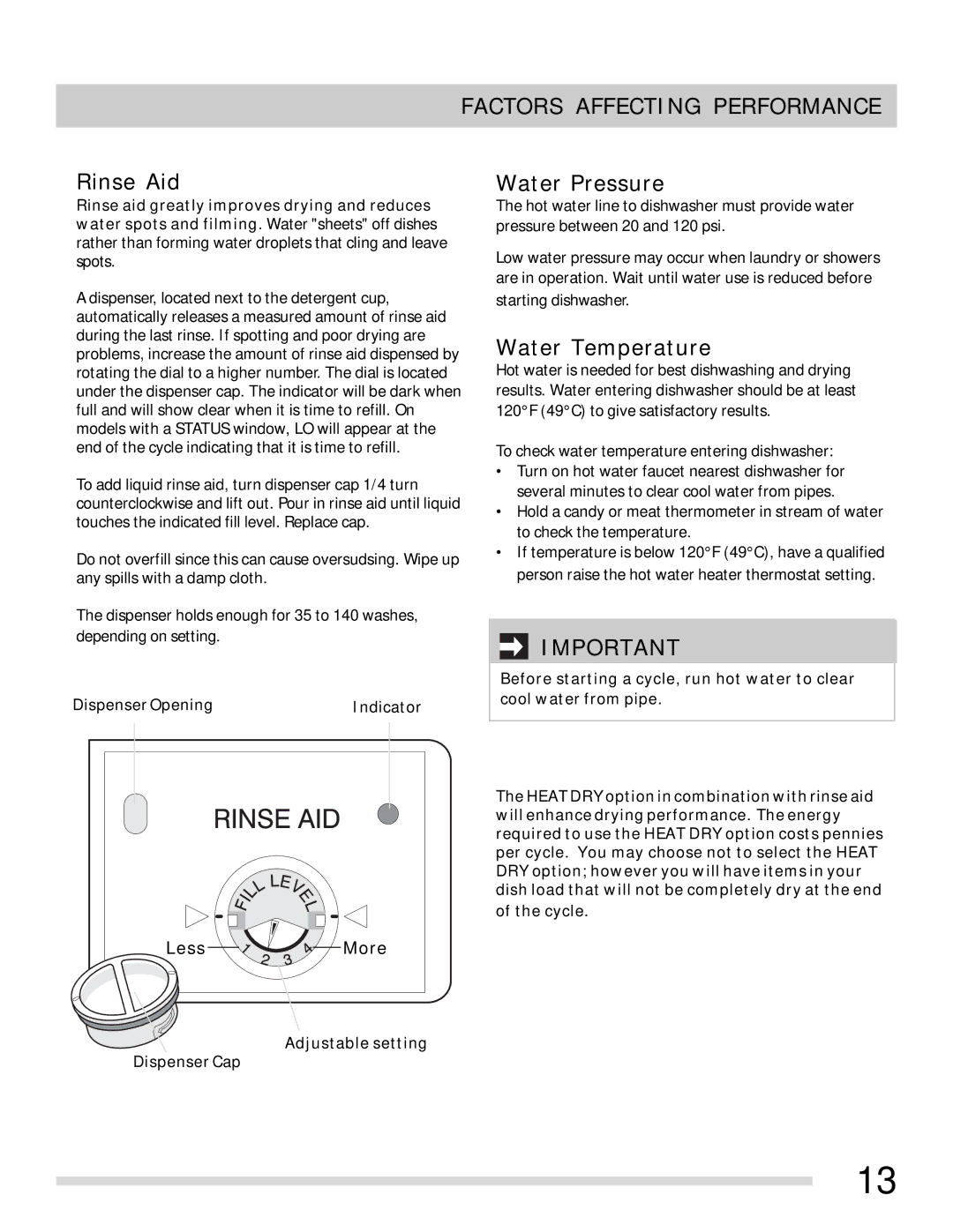 Frigidaire FPHD2491 Factors Affecting Performance, Rinse Aid, Water Pressure, Water Temperature 