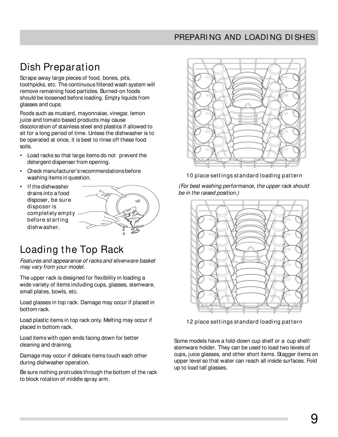 Frigidaire FPHD2491 important safety instructions Dish Preparation, Loading the Top Rack, Preparing and Loading Dishes 