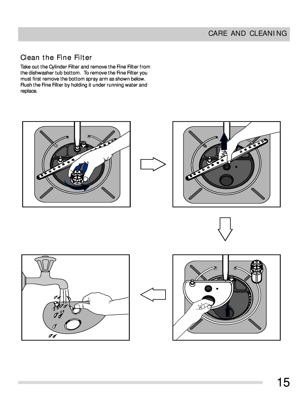 Frigidaire FPHD2491 important safety instructions Clean the Fine Filter, Care And Cleaning 