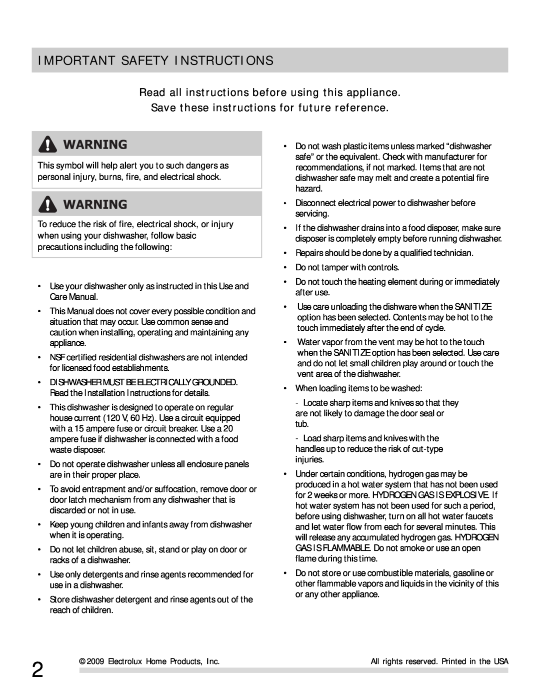 Frigidaire FPHD2491 Important Safety Instructions, Read all instructions before using this appliance 