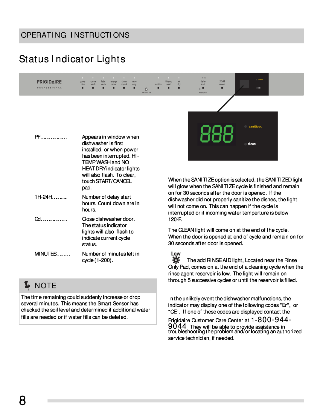 Frigidaire FPHD2491 important safety instructions Status Indicator Lights, Operating Instructions 