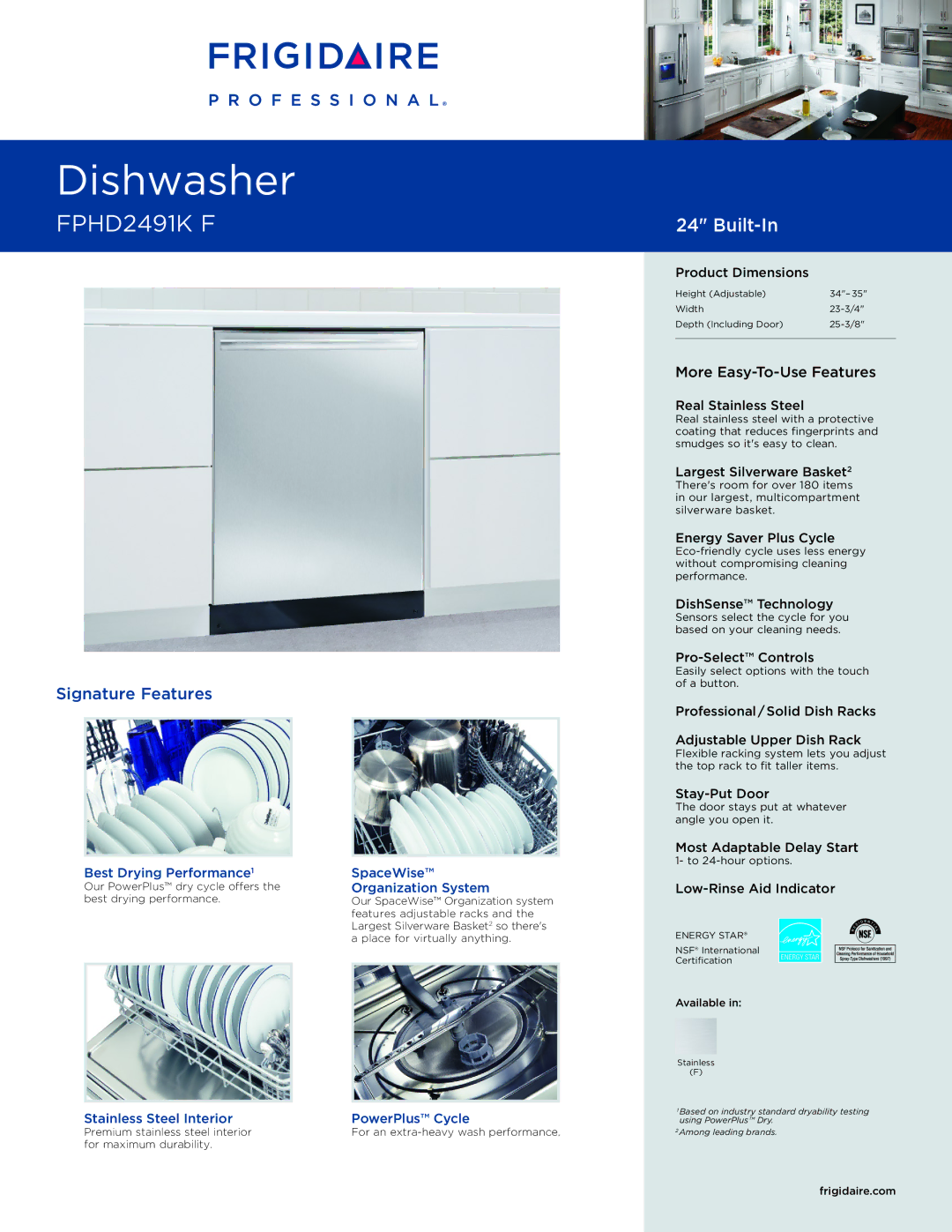 Frigidaire FPHD2491K F dimensions Best Drying Performance SpaceWise, Organization System 