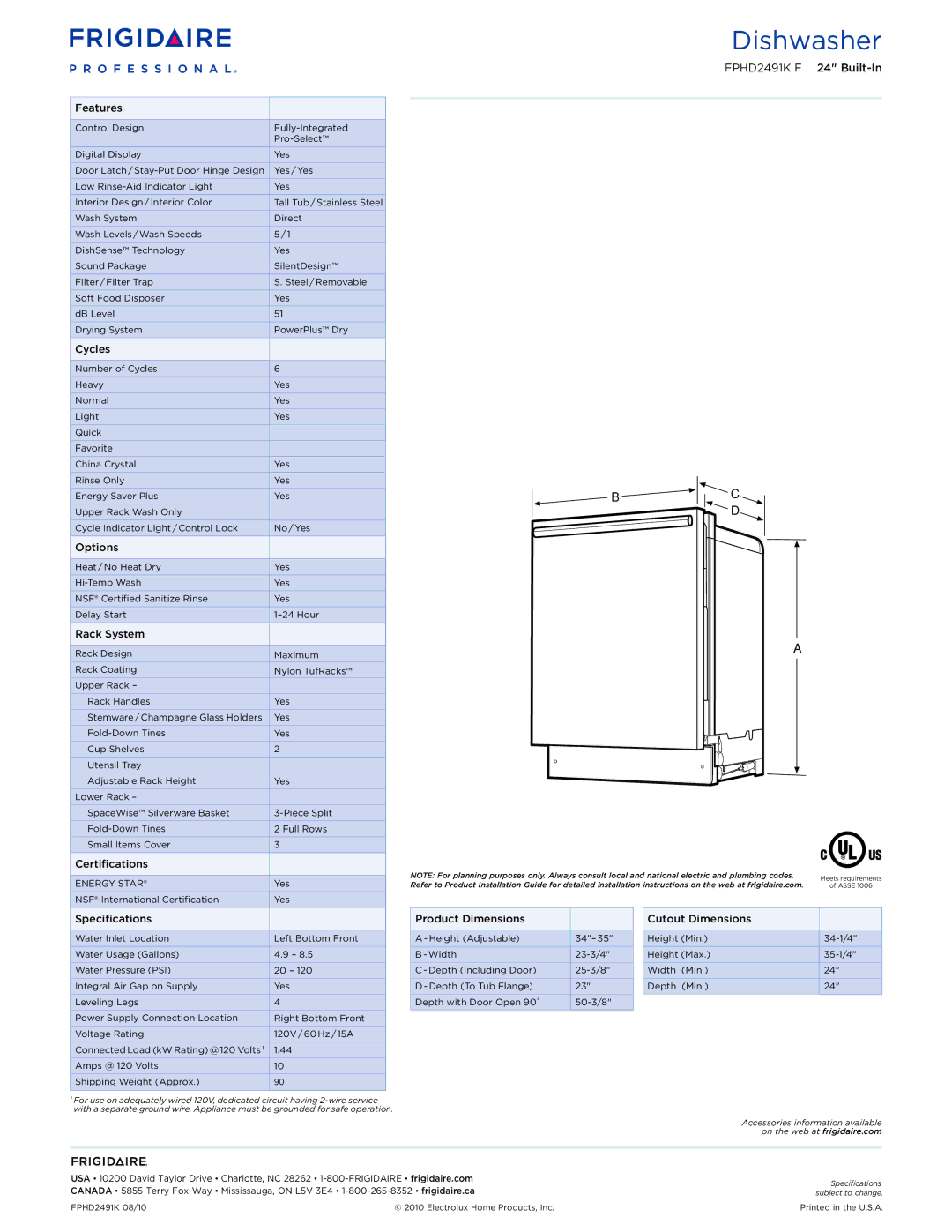 Frigidaire FPHD2491K F dimensions Features, Cycles, Options, Rack System, Certifications, Specifications 