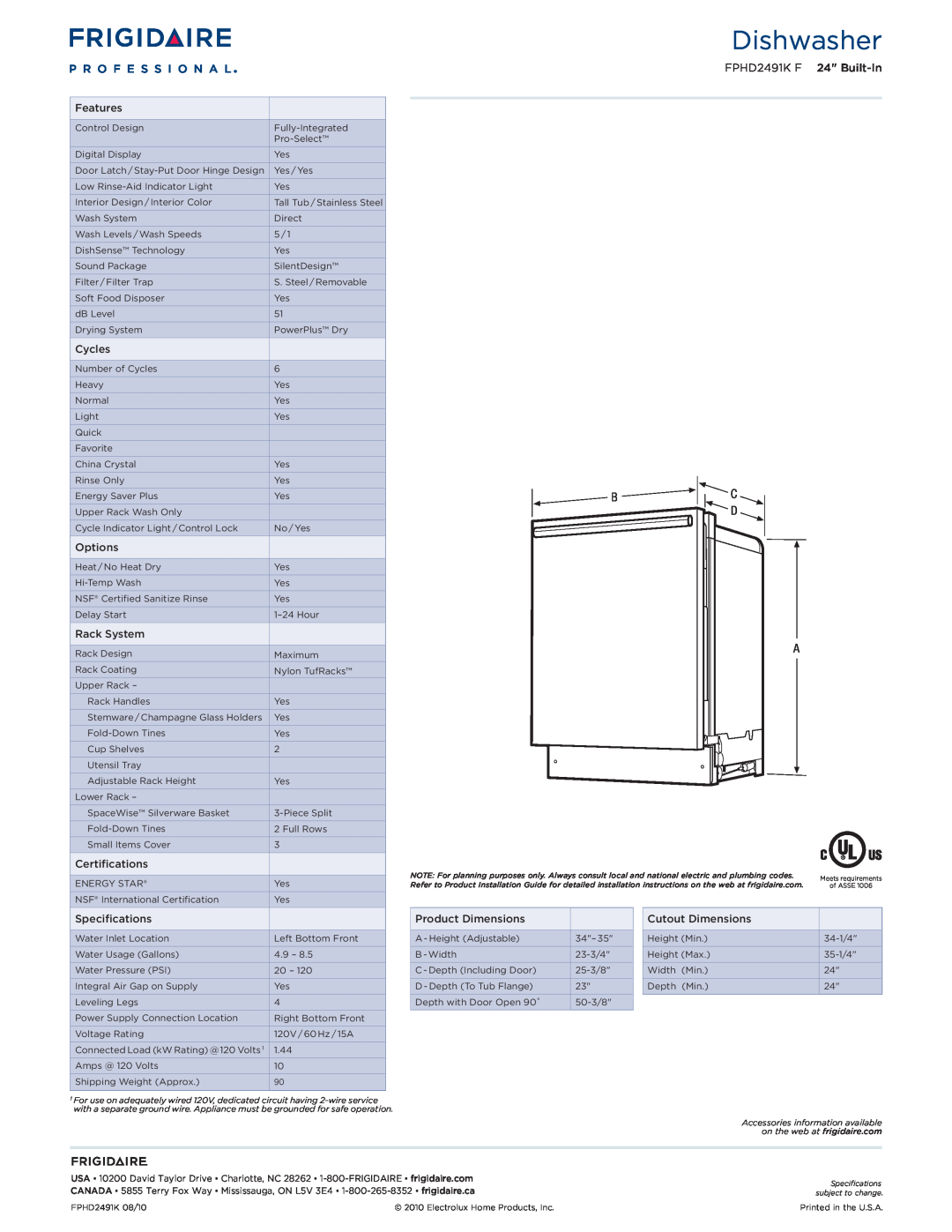 Frigidaire dimensions Dishwasher, B C D A, FPHD2491K F 24 Built-In 