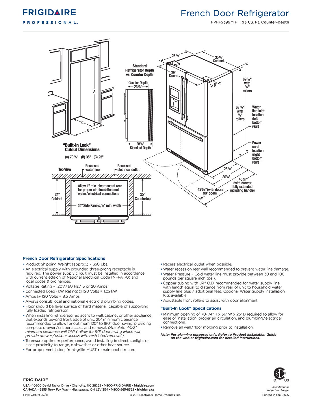 Frigidaire FPHF2399M F dimensions French Door Refrigerator Specifications, “Built-In Look” Specifications 