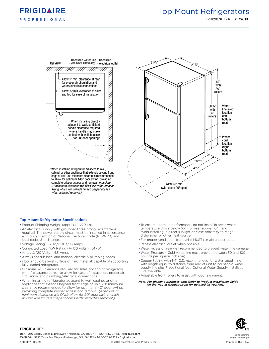 Frigidaire FPHI2187k F/R* dimensions Top Mount Refrigerators, Top Mount Refrigerator Specifications 