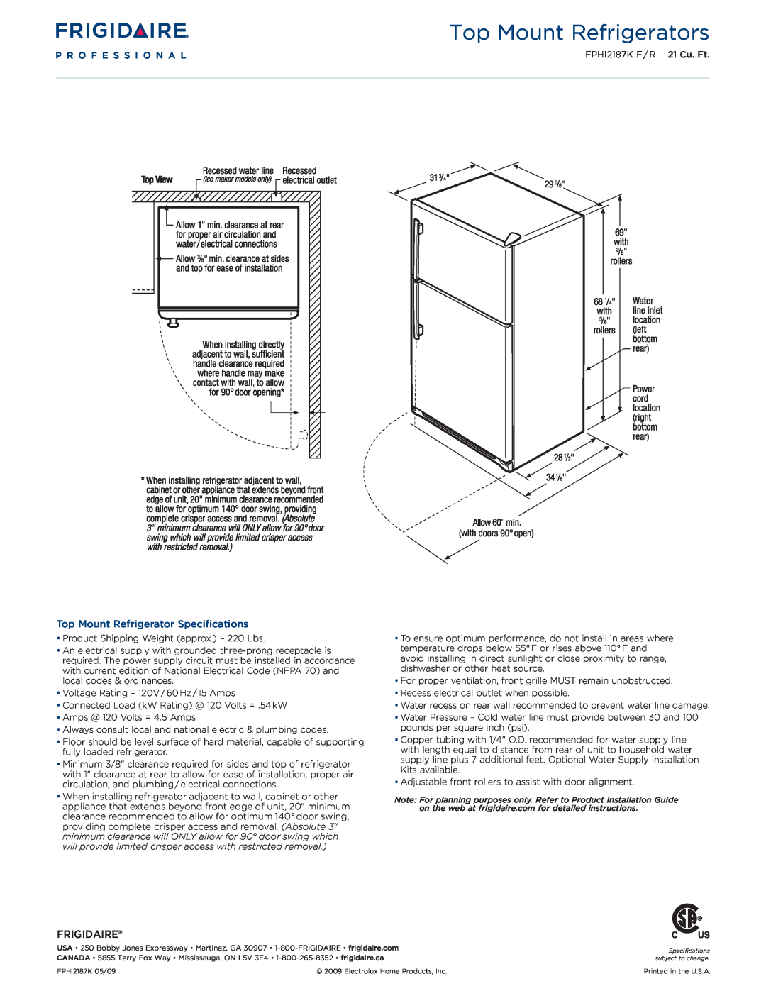 Frigidaire FPHI2187k F/R* dimensions Top Mount Refrigerator Specifications, Frigidaire, Top Mount Refrigerators 