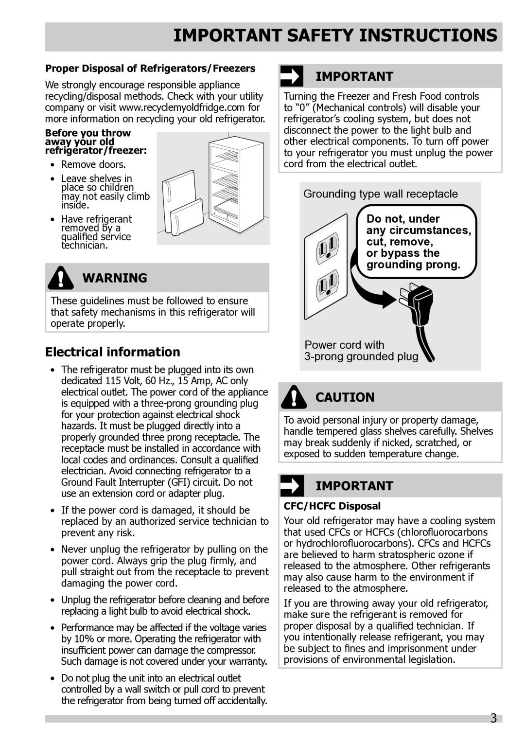 Frigidaire FPHI2188PF Electrical information, Grounding type wall receptacle, Power cord with Prong grounded plug 