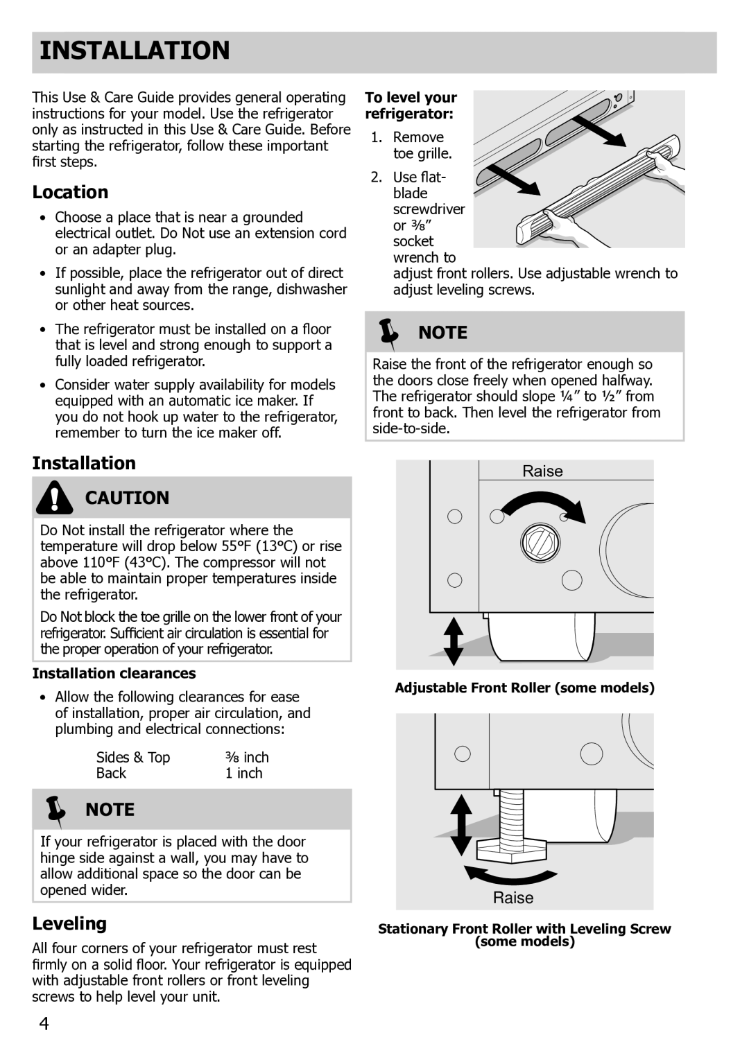 Frigidaire FGHT2132PE, FPHI2188PF, FGHT1832PP important safety instructions Installation, Location, Leveling, Raise 