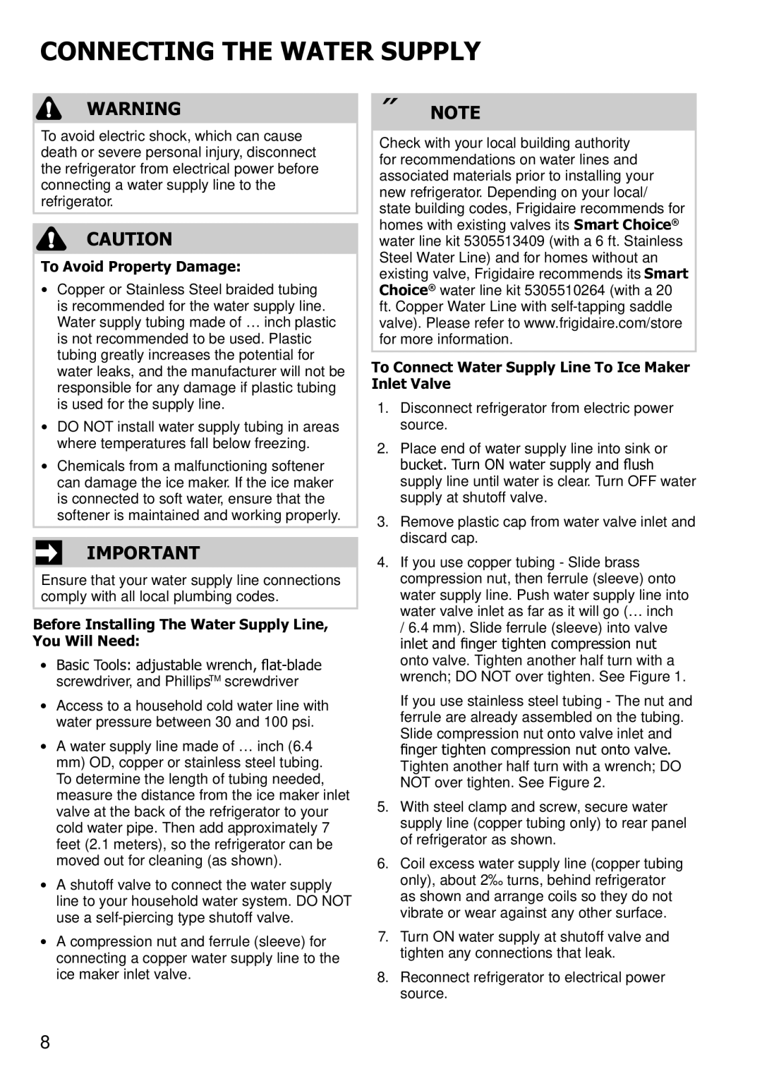 Frigidaire FGHT1832PP, FPHI2188PF, FGHT2132PE Connecting the Water Supply, To Avoid Property Damage 