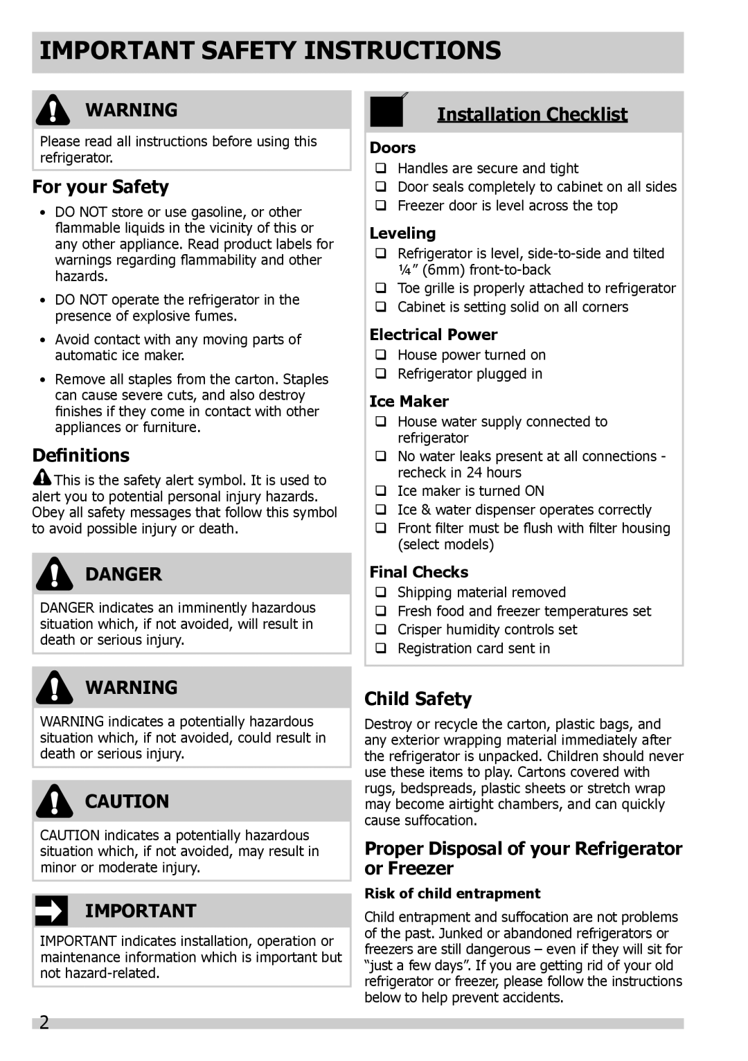 Frigidaire FGHT1832PP Important Safety Instructions, For your Safety, Definitions, Danger, Installation Checklist, Doors 