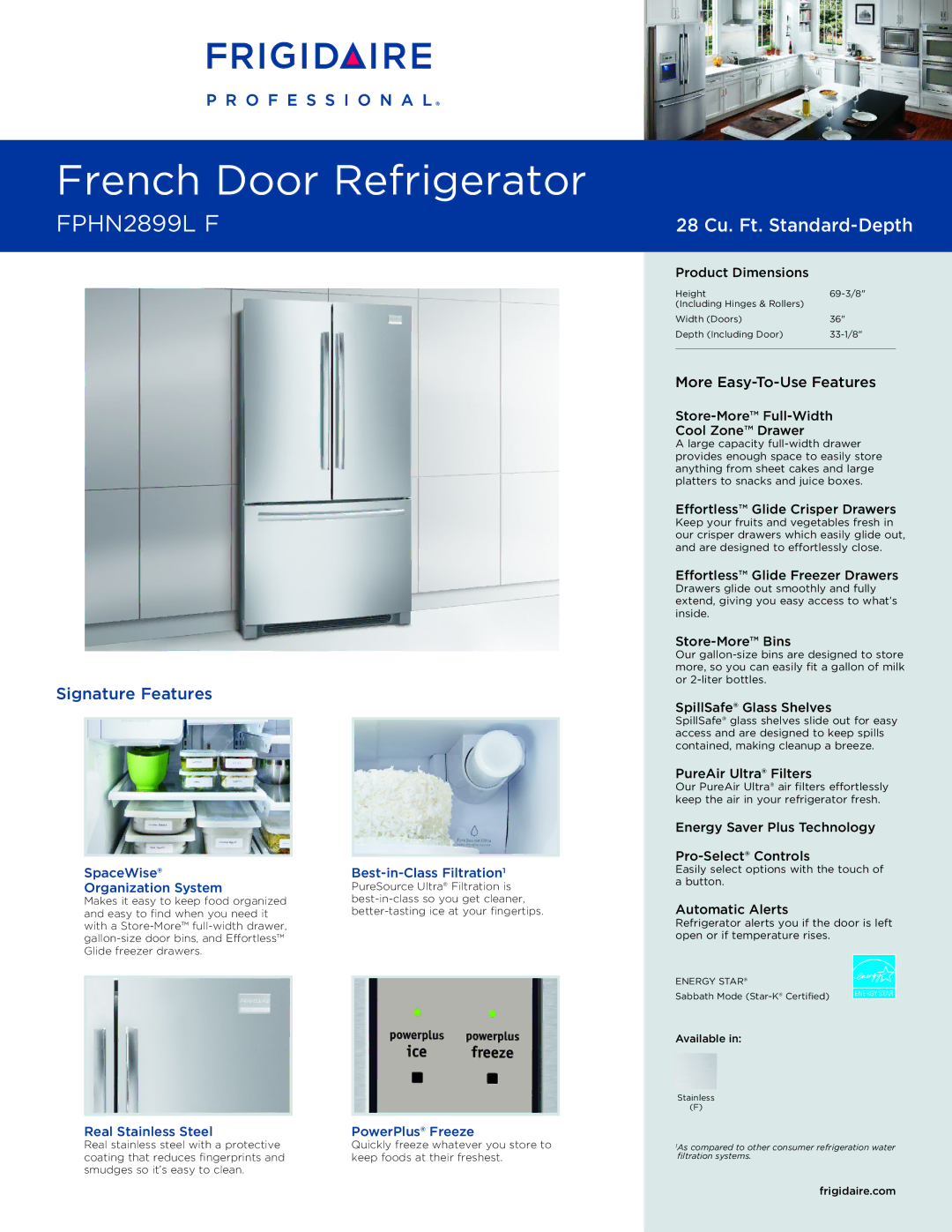 Frigidaire FPHN2899LF dimensions SpaceWise Best-in-Class Filtration Organization System 