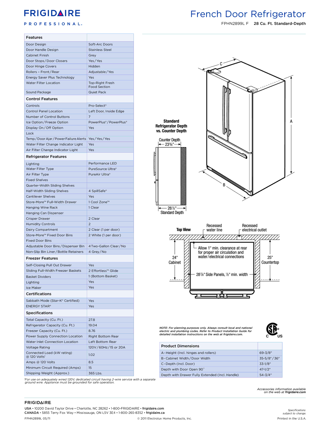 Frigidaire FPHN2899LF Control Features, Refrigerator Features, Freezer Features, Certifications, Specifications 