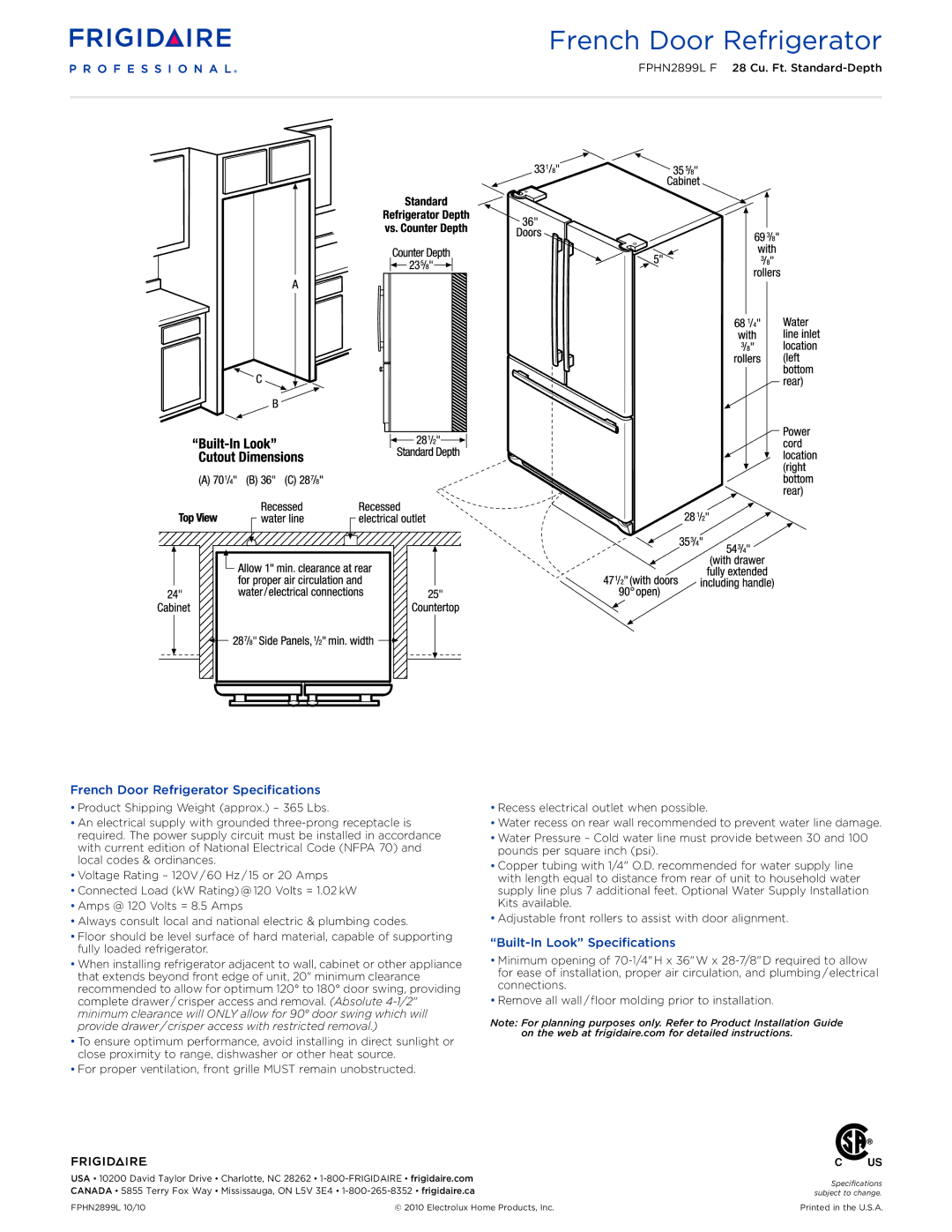 Frigidaire FPHN2899LF dimensions French Door Refrigerator Specifications, Built-In Look Specifications 