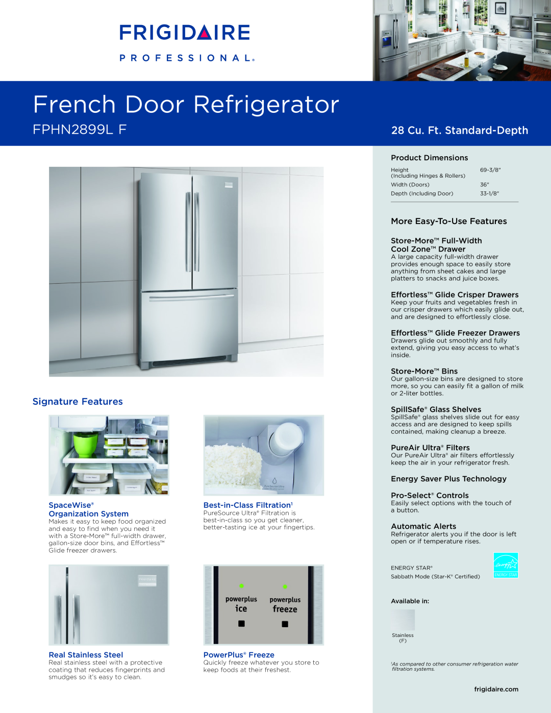 Frigidaire FPHN2899LF dimensions SpaceWise, Best-in-ClassFiltration1, Organization System, Real Stainless Steel 