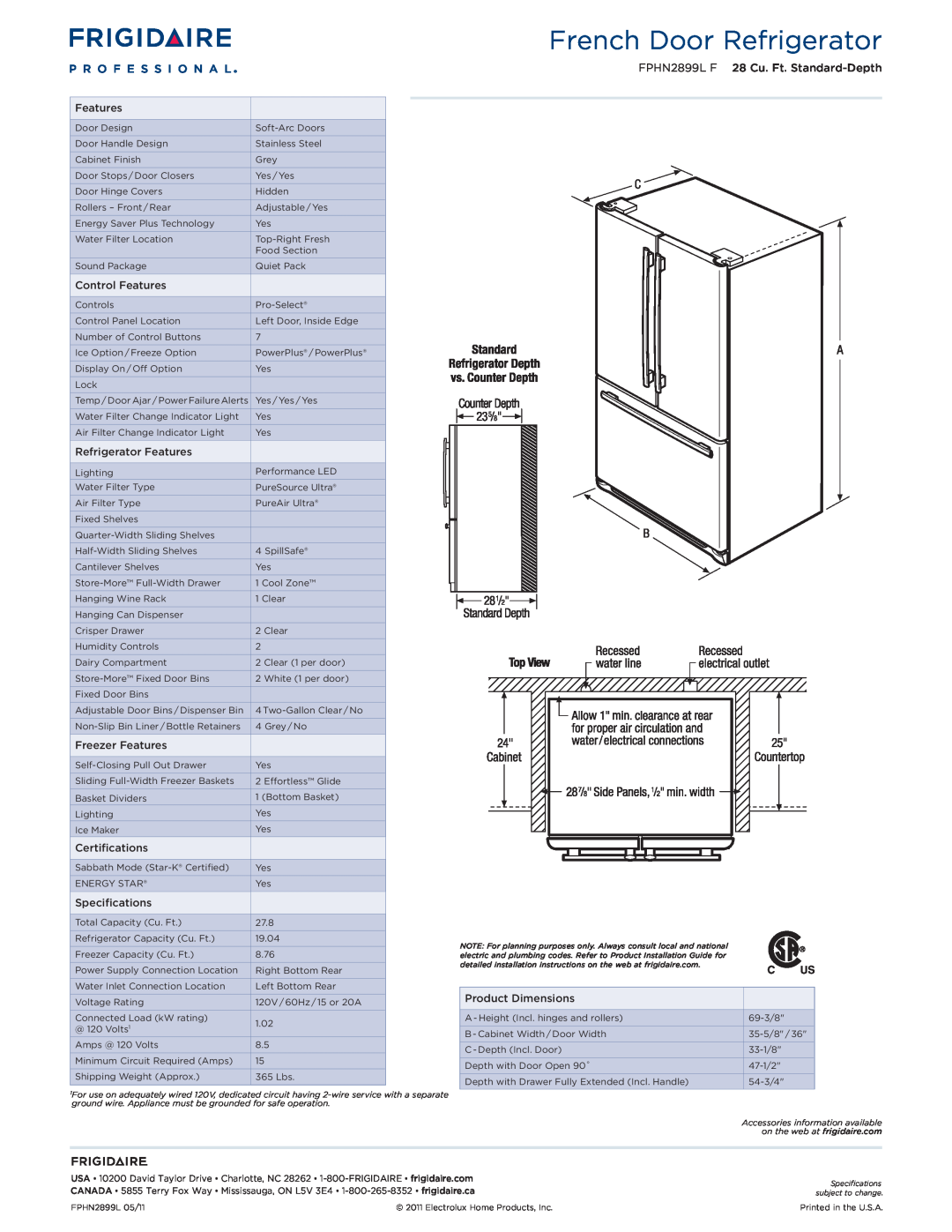 Frigidaire FPHN2899LF dimensions French Door Refrigerator, FPHN2899L F 28 Cu. Ft. Standard-Depth 