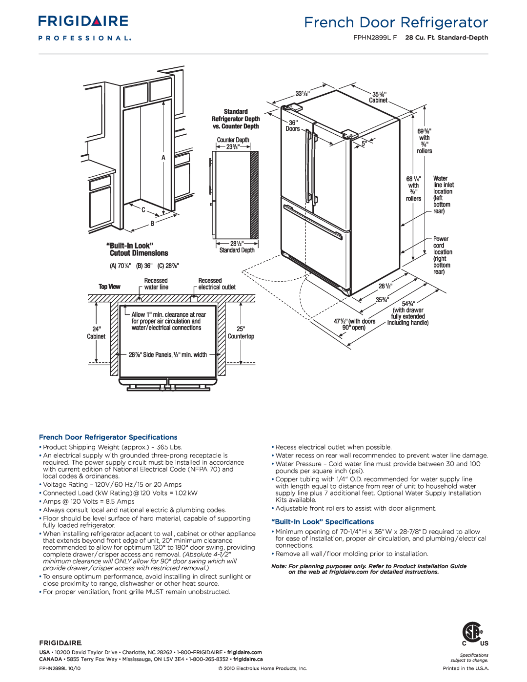 Frigidaire FPHN2899LF dimensions French Door Refrigerator Specifications, “Built-InLook” Specifications 