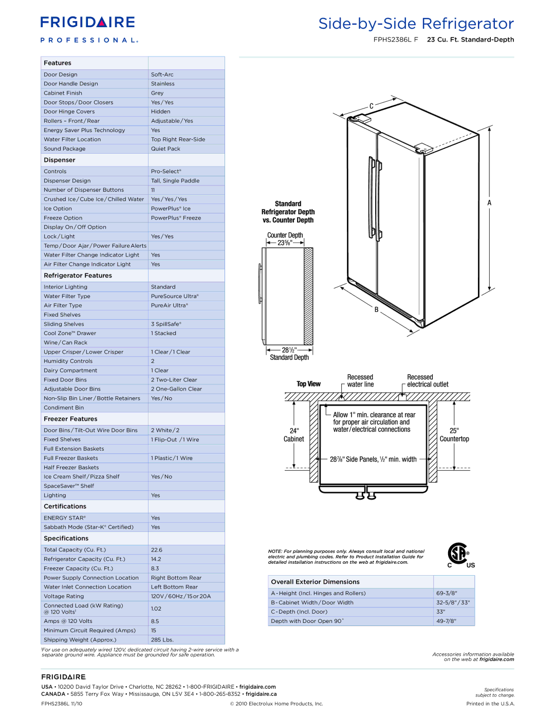 Frigidaire FPHS2386L F dimensions Dispenser, Refrigerator Features, Freezer Features, Certifications, Specifications 